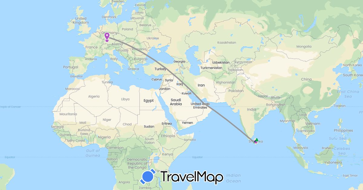 TravelMap itinerary: driving, bus, plane, train, hiking, boat in United Arab Emirates, Germany, Sri Lanka (Asia, Europe)