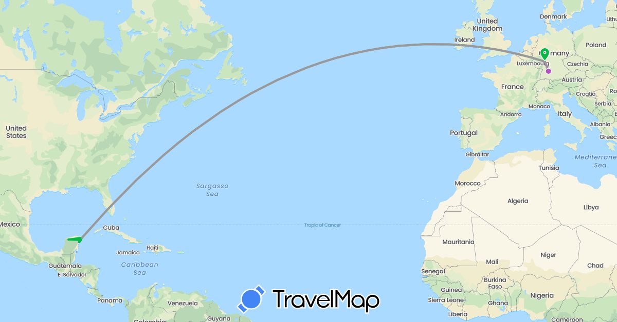 TravelMap itinerary: driving, bus, plane, train, hiking in Germany, Mexico (Europe, North America)